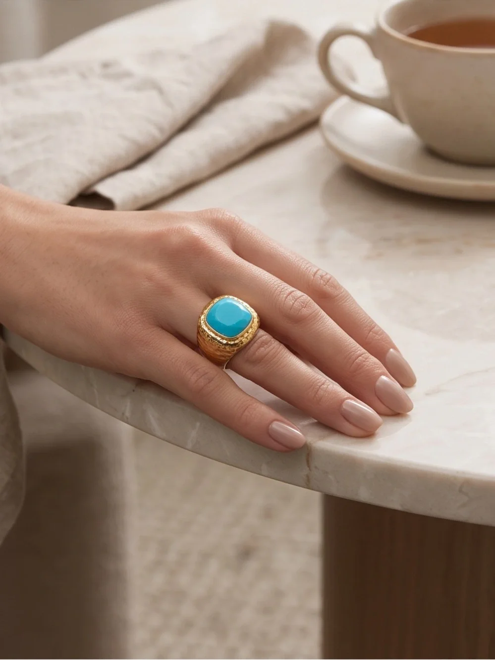 Gold Hammered Statement Ring with Turquoise Cabochon - Women Jewelry